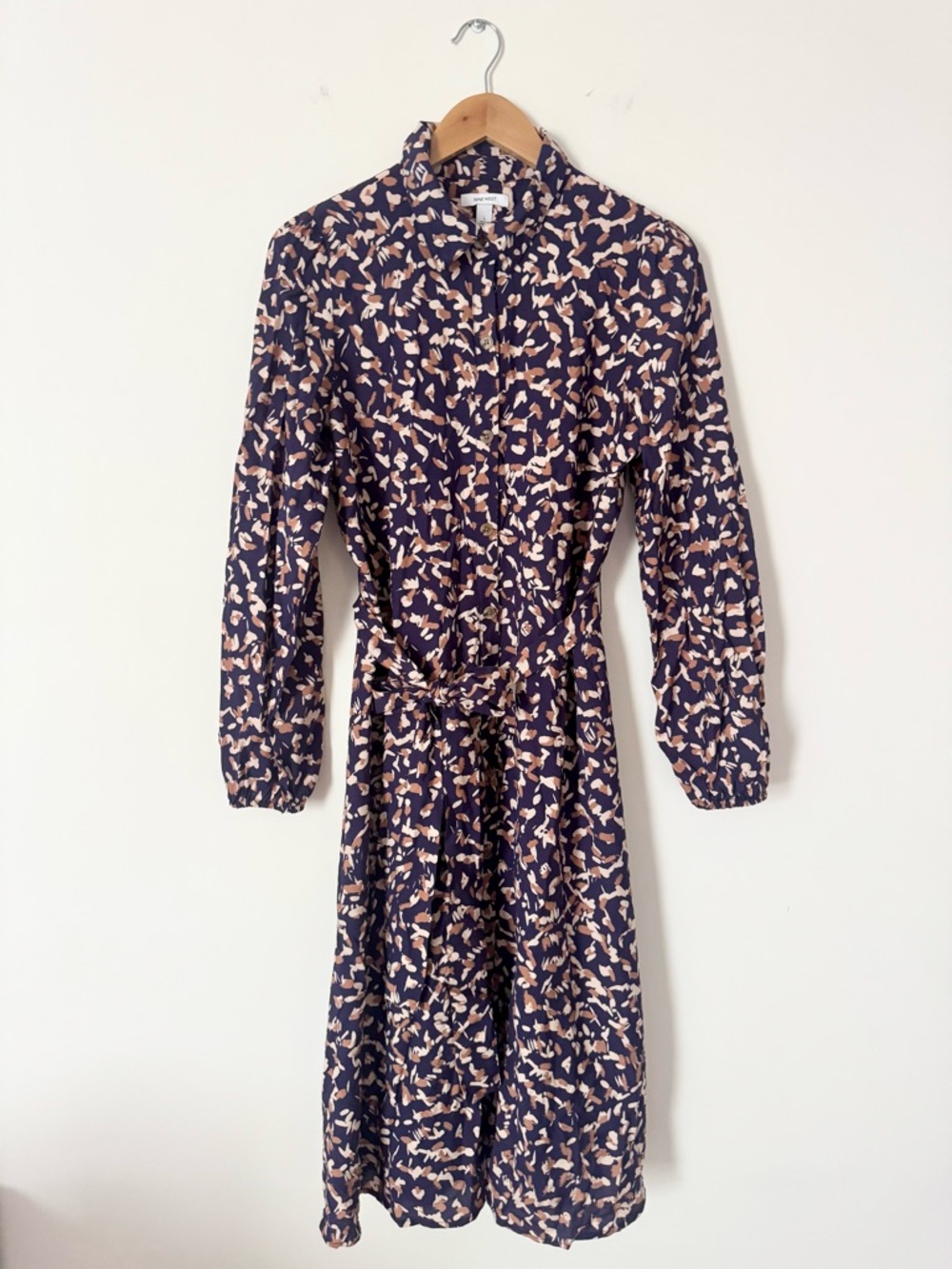 Nine West Tie Waist Midi Shirt Dress Navy Abstract Print Size L